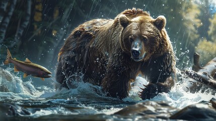 Bear Fishing in the Wild, Document a bear standing in a rushing river, focused on catching a leaping salmon, illustrating its natural hunting instincts - obrazy, fototapety, plakaty