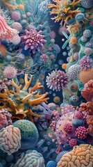 Capture the intricate world of microbes in a panoramic view, showcasing their diverse ecosystems and profound impact on the environment Illustrate the interconnectedness and coexistence