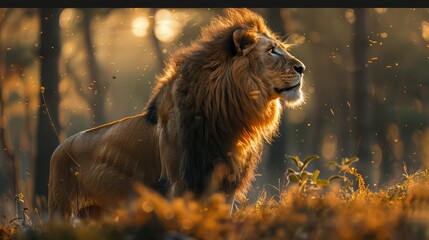 Lion King Regal Stance, Frame a lion in its natural habitat, exuding power and authority as it...