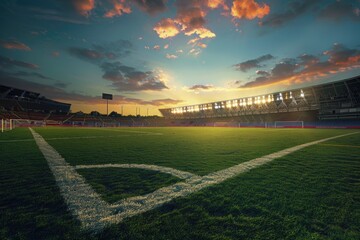 View from Corner Flag on Soccer Field at Dusk, Stadium Lights Brightly Shining and Stands in the Background - obrazy, fototapety, plakaty