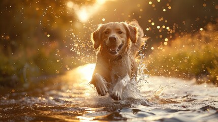 Playful Dog Frolicking in Nature, Freeze the joyful moment of a dog running through a field or splashing in a stream, radiating happiness and freedom