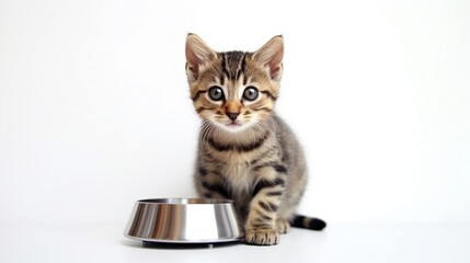 Obraz premium Cute cat near feeding bowl isolated on white background.
