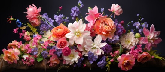 Displayed on a table, there is a lovely bouquet of assorted flowers in a vase