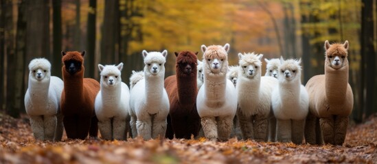 Several fluffy alpacas are standing together in a lush green forest environment, showcasing their unique appearance.