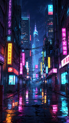 Obraz premium Journey Through the Cyberpunk Commercial Hub Skyscrapers, Neon Lights, and Rainy Reflections
