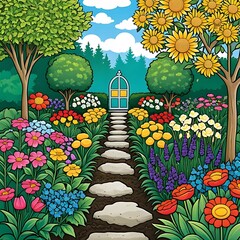 Draw a garden representing the mind, with different flowers symbolizing thoughts and emotions.