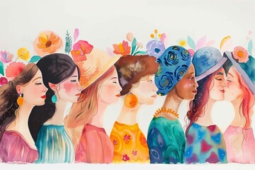 Whimsical watercolor illustration celebrating diverse women on International Women's Day - obrazy, fototapety, plakaty