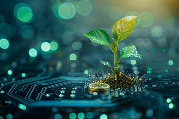 Financial growth and prosperity concept, money plant sprouting from gold coins on tech background - obrazy, fototapety, plakaty