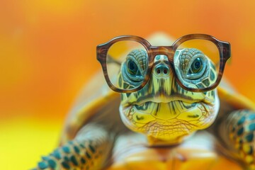 Adorable green turtle wearing glasses against a colorful studio background