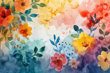 Colorful abstract watercolor painting with floral elements and paper texture