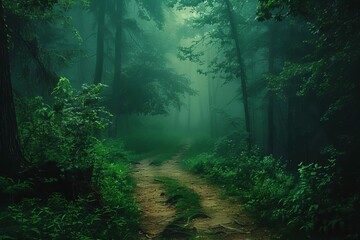 Enchanting dark green forest path shrouded in fog, magical fantasy landscape