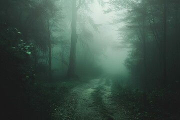 Enchanting dark green forest path shrouded in fog, magical fantasy landscape - obrazy, fototapety, plakaty