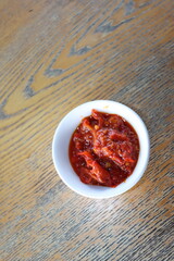 indonesian traditional red chili sauce sambal in a white bowl