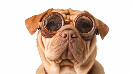 Cute innocent Shar Pei Dog puppy wearing stylish goggles isolated on white background with copy space, funny animal portrait on white. - obrazy, fototapety, plakaty