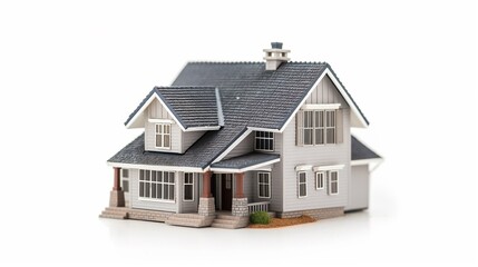 3d house model in modern style isolated on white background, gray roof residential house toy isolated on white.