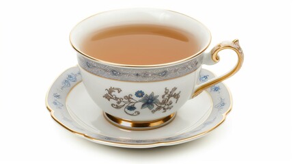 English teacup with saucer isolated on white background, White porcelain cup and saucer with English tea in on a white background