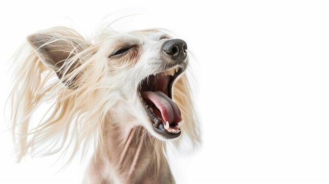 Cute Chinese Crested dog puppy yawning isolated on white background, funny animal portrait on white with copy space.
