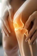 A woman's knee with pain, a closeup of the glowing leg, white and orange color scheme with simple details and clear lines, hands