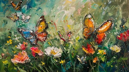 A butterfly garden at noon, with various butterflies dancing amongst the blooms, depicted with vibrant, impressionistic dabs. Emphasize an impressionistic style