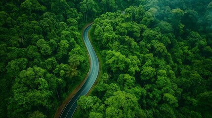Scenic Aerial View, Winding Road Amidst Lush Green Forest During the Rainy Season