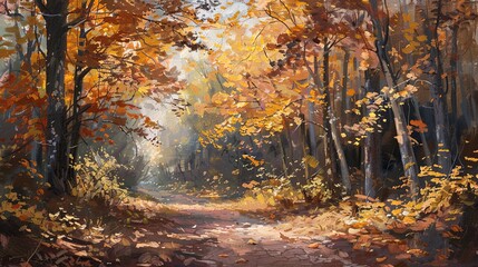 A canopy of autumn leaves above a quiet forest path, with the soft crunch of leaves underfoot and the rustle of wildlife in the underbrush. Emphasize an impressionistic style