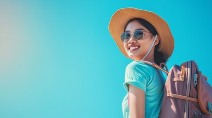 Adventurous Journey, Smiling Asian Tourist Woman, Donned with Beach Hat, Sunglasses, and Backpack, Embarking on Holiday Travel.