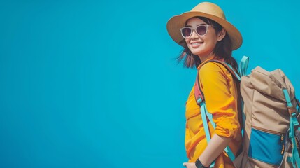 Adventurous Journey, Smiling Asian Tourist Woman, Donned with Beach Hat, Sunglasses, and Backpack, Embarking on Holiday Travel.