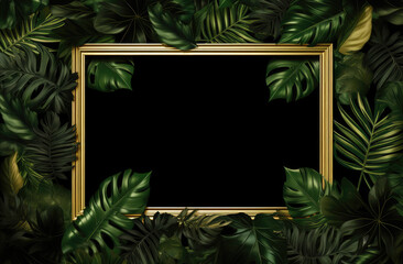 Gold luxury tropical dark background design with exotic banana, palm or monstera leaves, golden corner frames and copy space for text. Vector summer template for poster, banner, card or flyer.