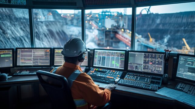 Mining Control Room: Engineer Monitoring Operations and Ensuring Safety