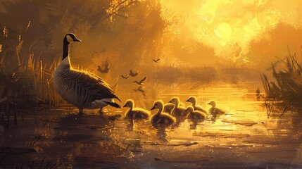 A cluster of goslings following their mother across a meadow, with the first light of dawn casting a golden hue. Emphasize an impressionistic style, focusing on mood rather than meticulous detail - obrazy, fototapety, plakaty