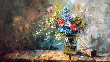 Obraz na płótnie Canvas A cluster of wildflowers in a mason jar, painted with a palette knife to create a sense of rustic charm and texture. Emphasize an impressionistic style, focusing on mood rather than meticulous detail