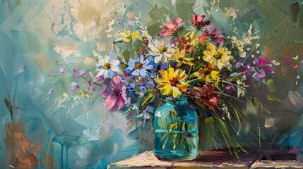 A cluster of wildflowers in a mason jar, painted with a palette knife to create a sense of rustic charm and texture. Emphasize an impressionistic style, focusing on mood rather than meticulous detail