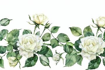 Watercolor illustration of white cream rose and green leaves seamless frame isolated on white background, hand painted floral border