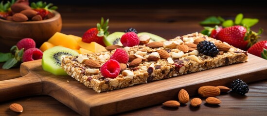 Naklejka na ściany i meble A close up of a fruit and nut bar placed on a cutting board, showcasing the delicious and nutritious snack option for a quick energy boost