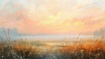A dawn-lit meadow with a mist hovering over dewy grass, the sky painted in soft hues of orange and pink reflecting the mornings first light. Emphasize an impressionistic style - obrazy, fototapety, plakaty