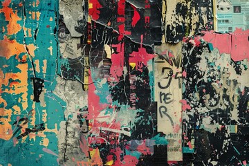 Abstract backdrop with collage of old torn posters, grungy urban background with colorful graffiti, digital illustration