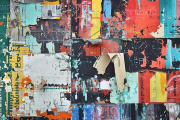 Abstract backdrop with collage of old torn posters, grungy urban background with colorful graffiti, digital illustration