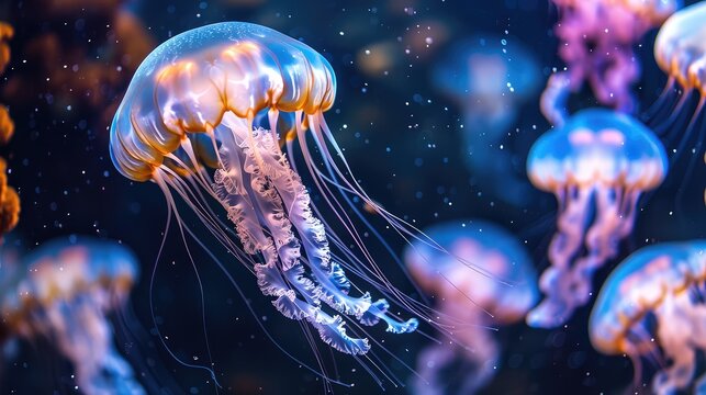 Jellyfish Relaxation Spa, Tranquil images showcasing jellyfish in serene underwater environments, promoting relaxation spas, floatation therapy