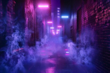Dark empty alleyway illuminated by neon lights, moody night scene with floating smoke, spotlights, 3D illustration