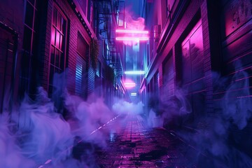 Dark empty alleyway illuminated by neon lights, moody night scene with floating smoke, spotlights, 3D illustration