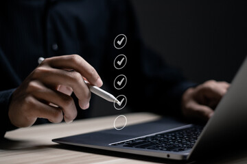 Checklist concept. Businessman tick correct mark to corporate survey checklist. Complete...