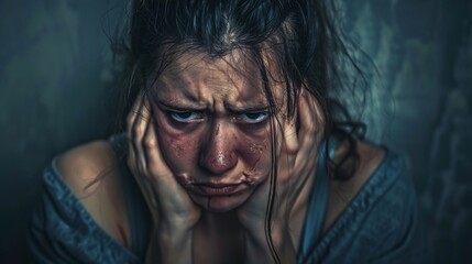 A young woman in deep emotional pain, tears flowing, symbolizing profound depression and sadness. - obrazy, fototapety, plakaty