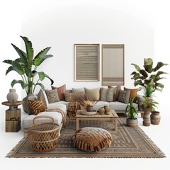 3D Render of a Boho chic living room with a mix of patterns, textures, and earthy tones, on isolated white background, Generative AI