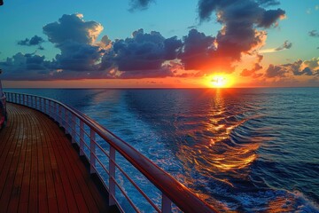 Sunset view from the deck of a cruise ship with the ocean horizon and reflective water.