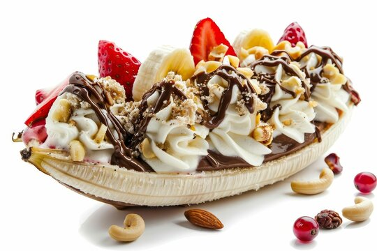 Close-up of a decadent banana split sundae with various fruits and nuts, isolated on white, food photography