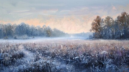 Obraz na płótnie Canvas A frost-covered meadow under the first light of dawn, with the muted colors of winter softened further by the morning mist. Emphasize an impressionistic style