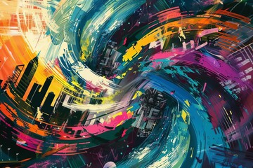 Vibrant abstract cityscape composed of colorful swirling brushstrokes, modern art illustration - obrazy, fototapety, plakaty