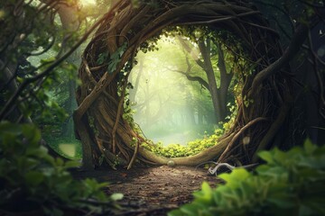 Enchanting forest portal framed by intertwined tree branches, magical fairy tale scene, digital...