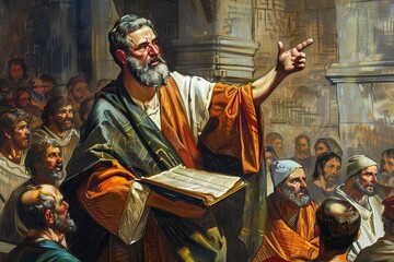 Apostle Paul passionately preaching the Gospel in the synagogue, early Christian ministry, religious illustration