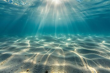 Tranquil underwater scene with sandy seabed and sunlight filtering through crystal clear water, abstract ocean background - obrazy, fototapety, plakaty